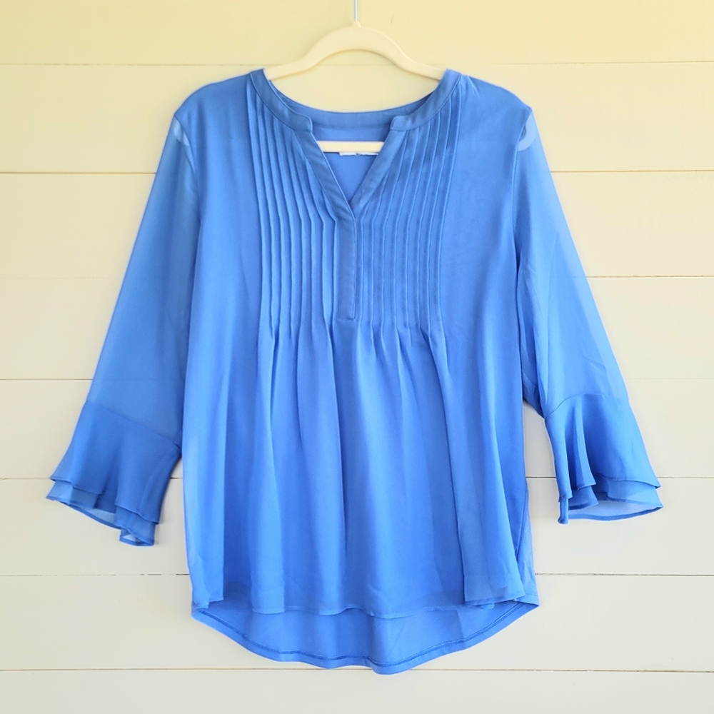 Charter Club Size L Blue, Sheer layers, Bell sleeve, Pleated front, polyester